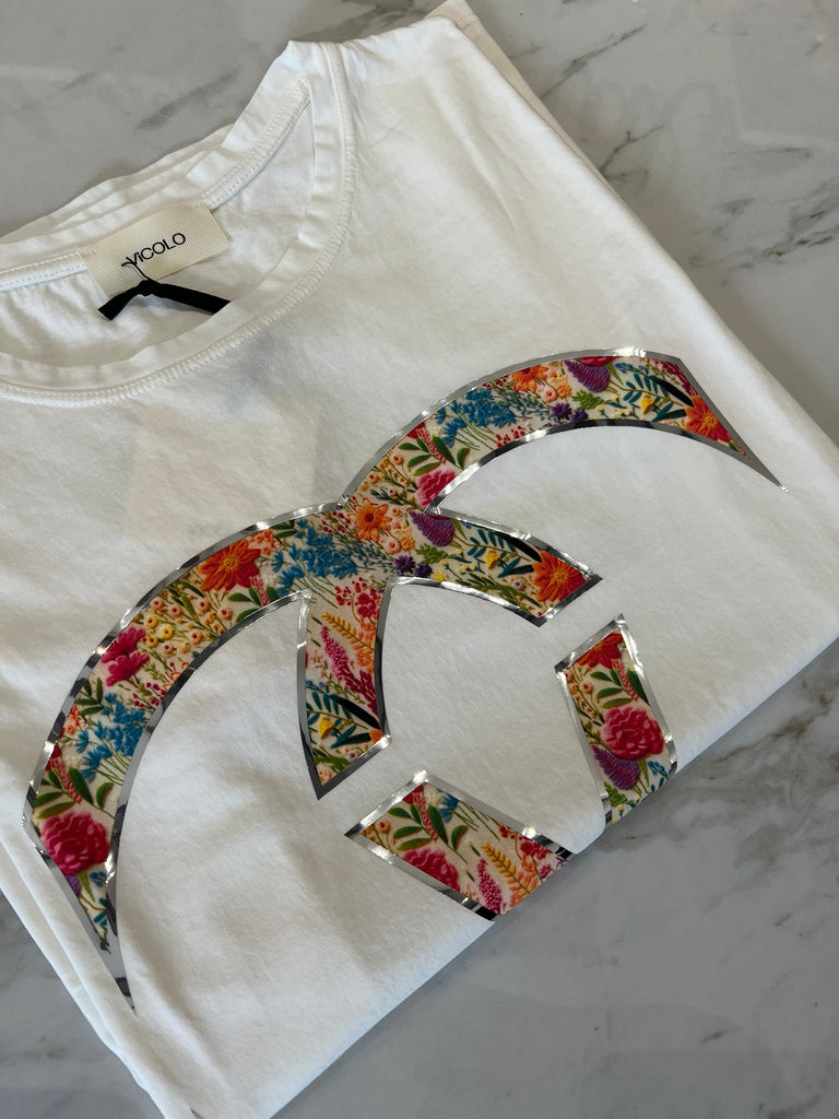 ViCOLO•T-shirt fiori+argento