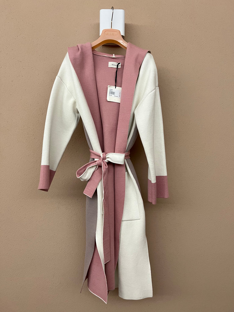 Vicolo-Cardigan coat/cappottino tricolor panna/rosa/tortora con cappuccio
