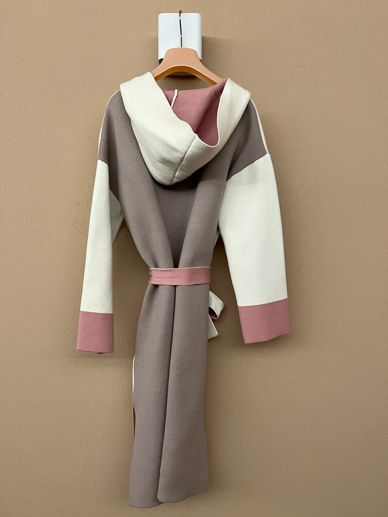 Vicolo-Cardigan coat/cappottino tricolor panna/rosa/tortora con cappuccio