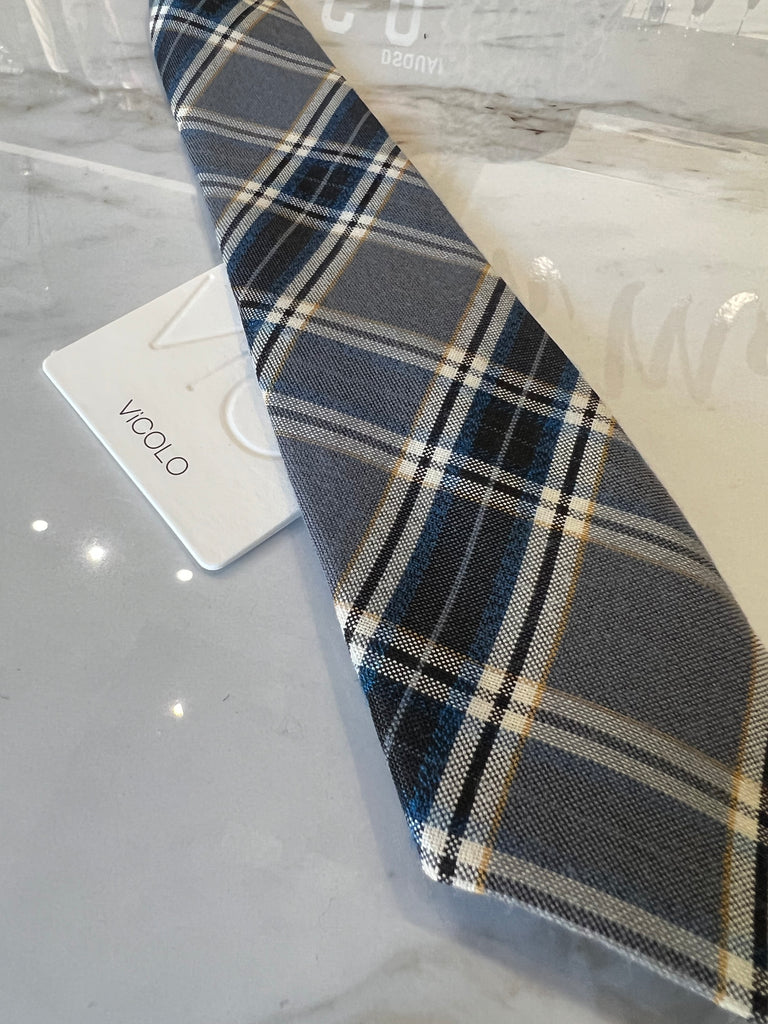 Vicolo-Cravatta stampa scozzese base grigia+ottanio e senape