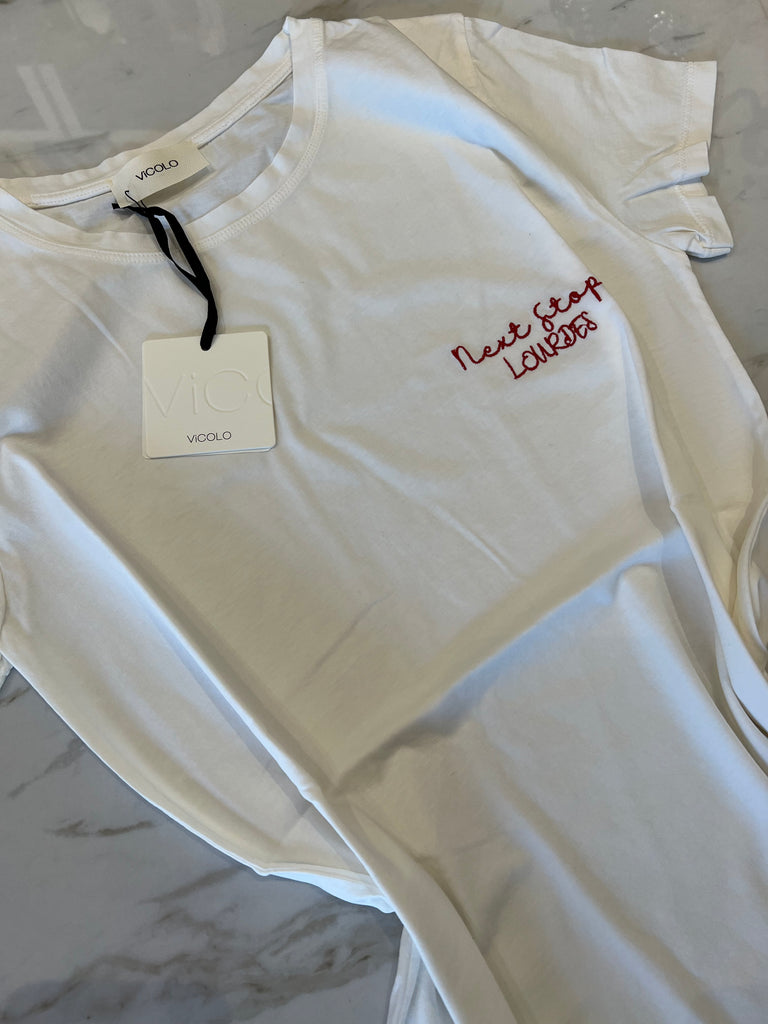 ViCOLO•T-shirt scritta ricamata Next stop Lourdes