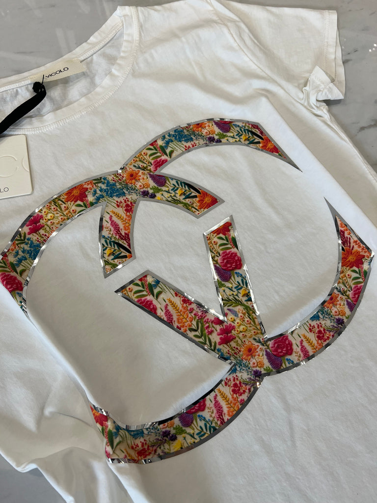 ViCOLO•T-shirt fiori+argento
