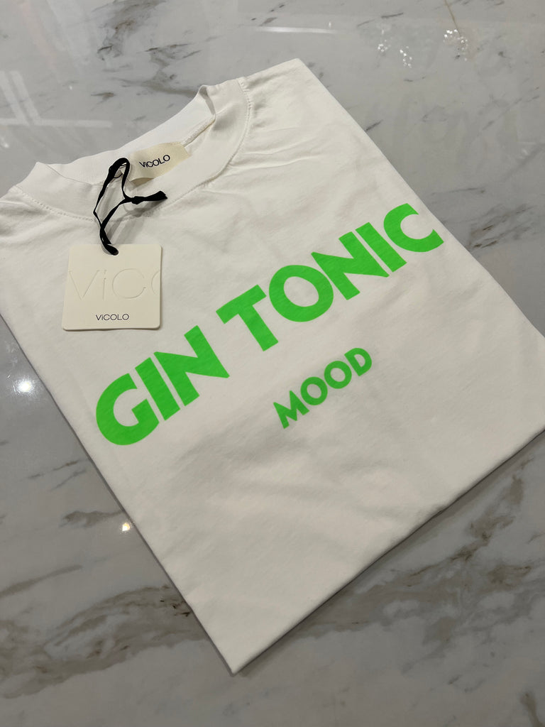 ViCOLO•T-shirt over Gin tonic mood•Bianca con scritta verde fluo
