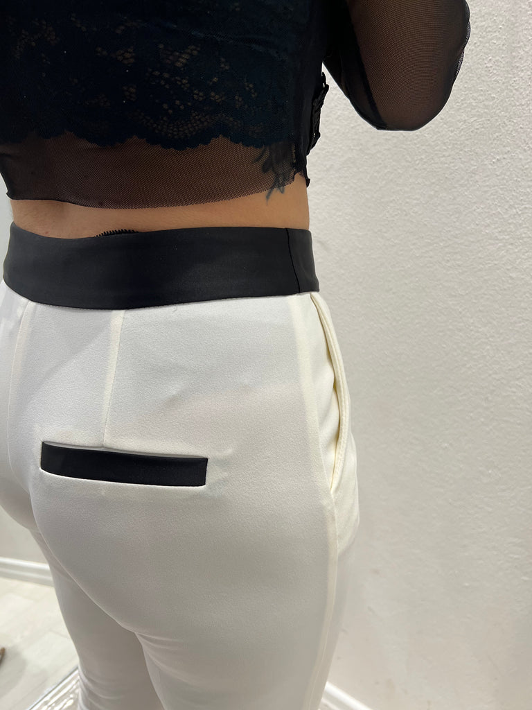 Imperial-Pantalone avorio con fascia in raso a contrasto