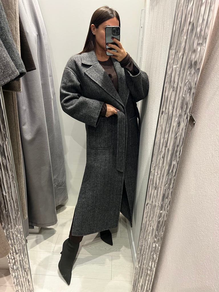 ViCOLO•Cappotto lana spigato cintura