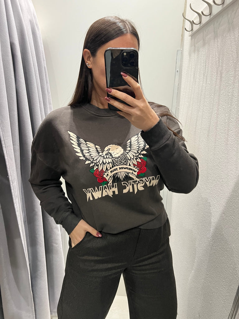 BLK30 HaveOne•Felpa garzata moro stampa aquila Mystic Hawk