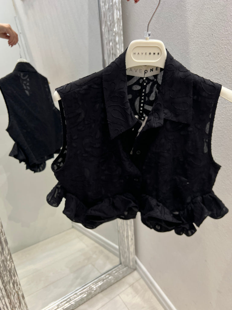 🚨HaveOne•Camicia crop smanicata volant•Nero