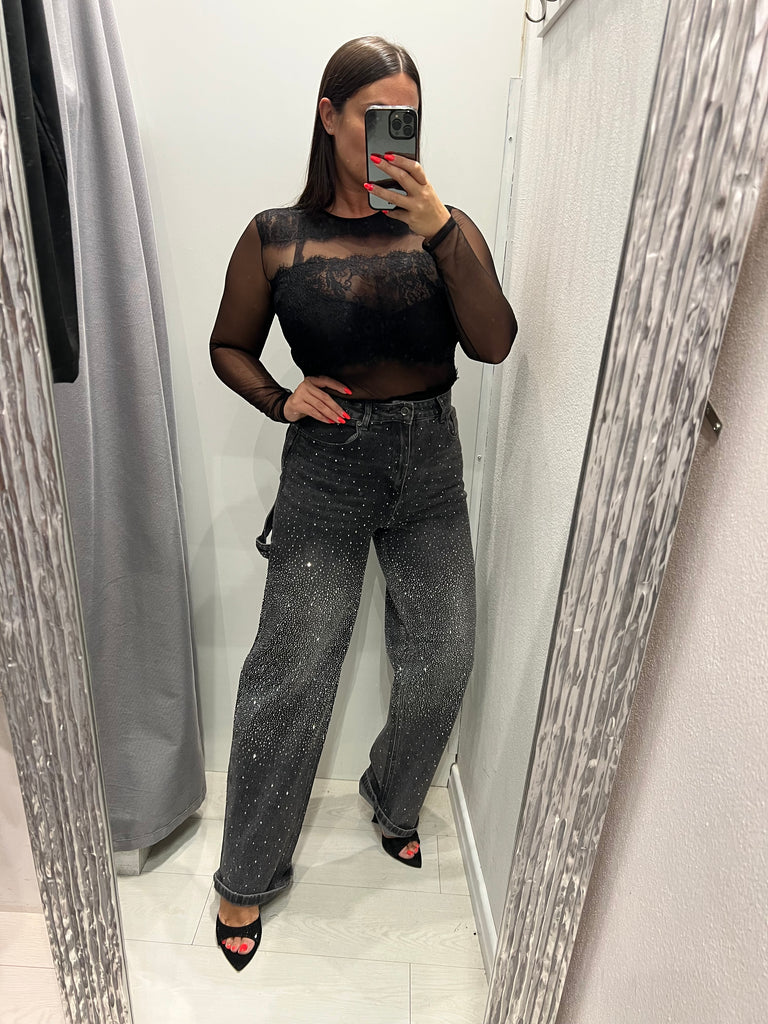 KONTATTO•Jeans worker nero slavato strass