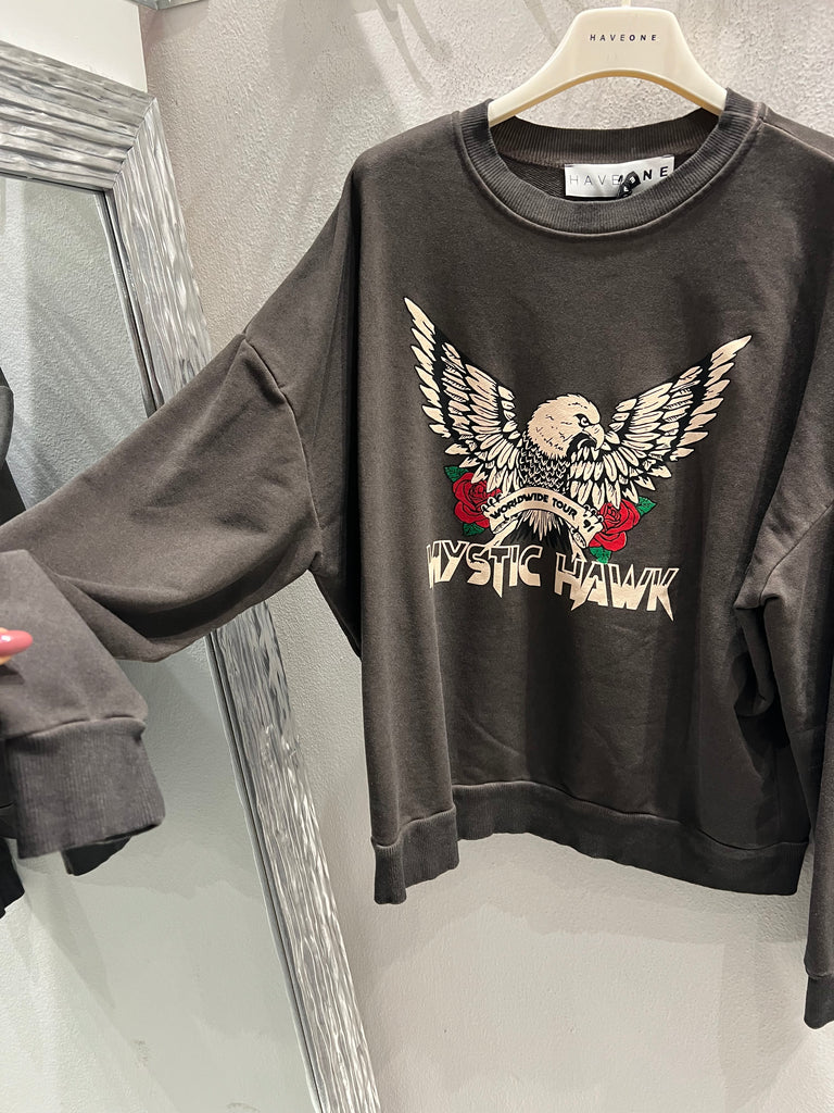 BLK30 HaveOne•Felpa garzata moro stampa aquila Mystic Hawk