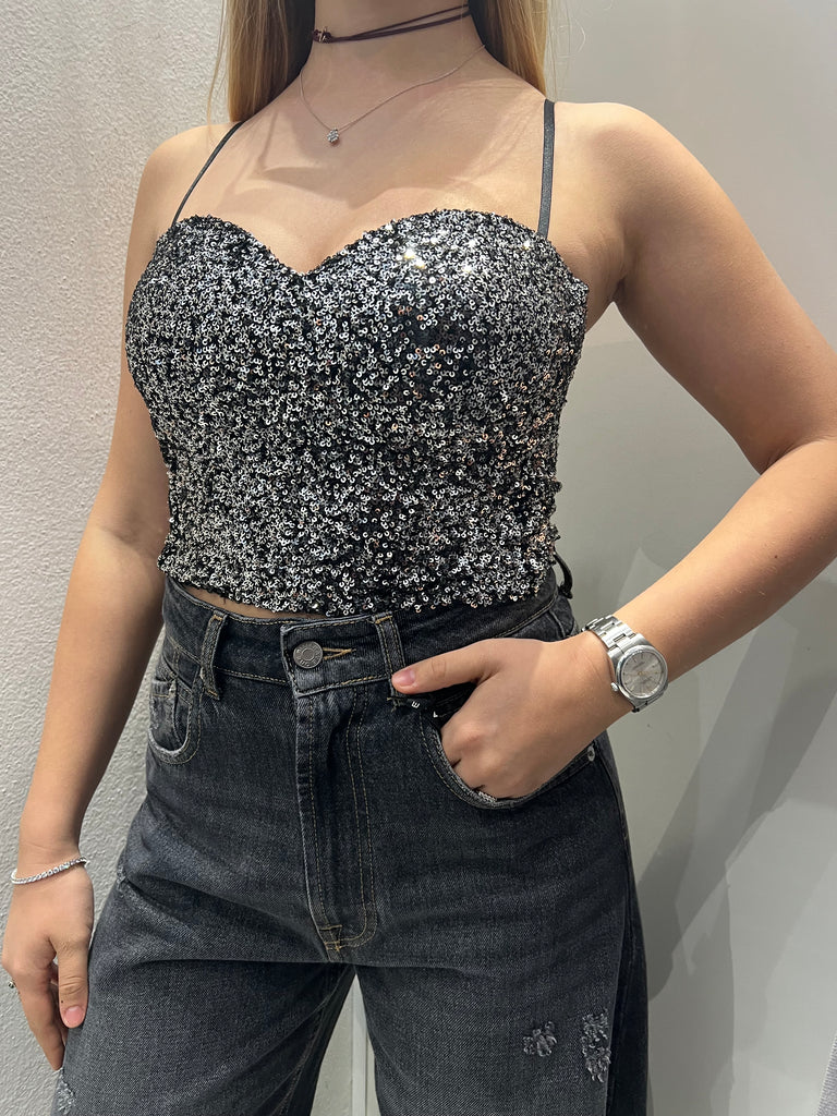 KONTATTO•Top bustino paillettes argento spallini regolabili