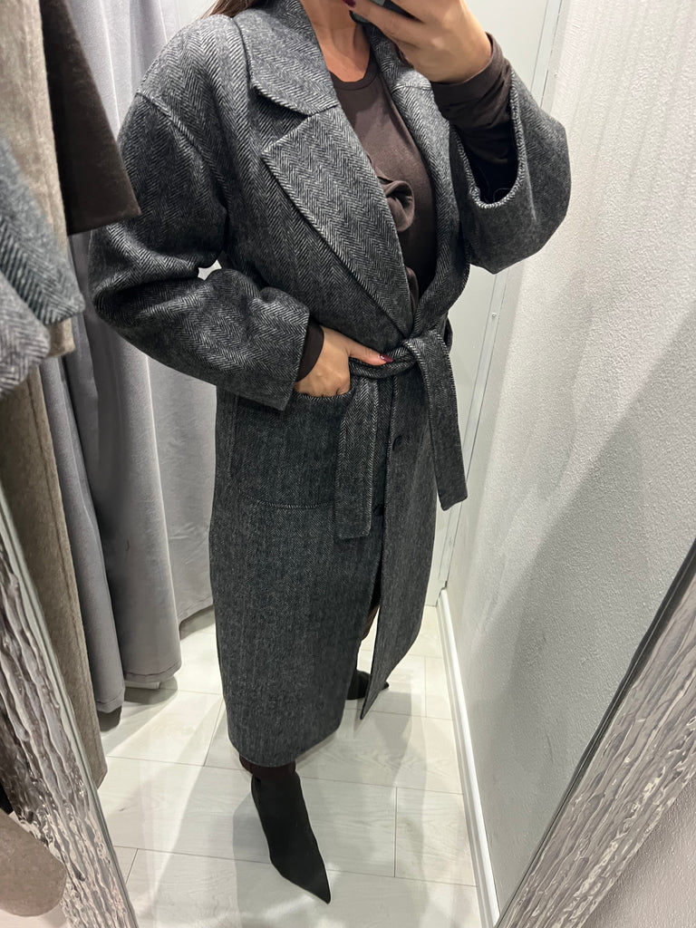 ViCOLO•Cappotto lana spigato cintura