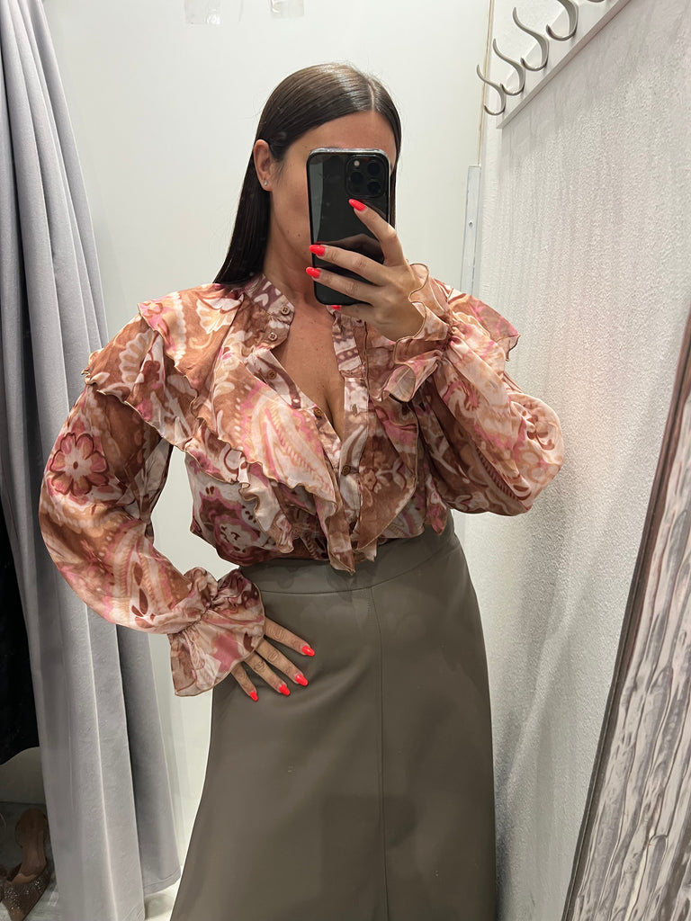 KONTATTO•Camicia rouches fantasia beige/malva