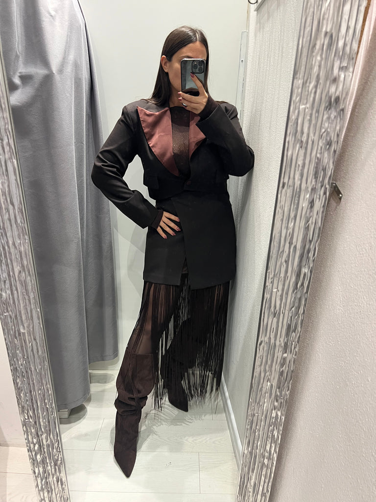 BLK30 LUMINA•Giacca crop moro inserti raso