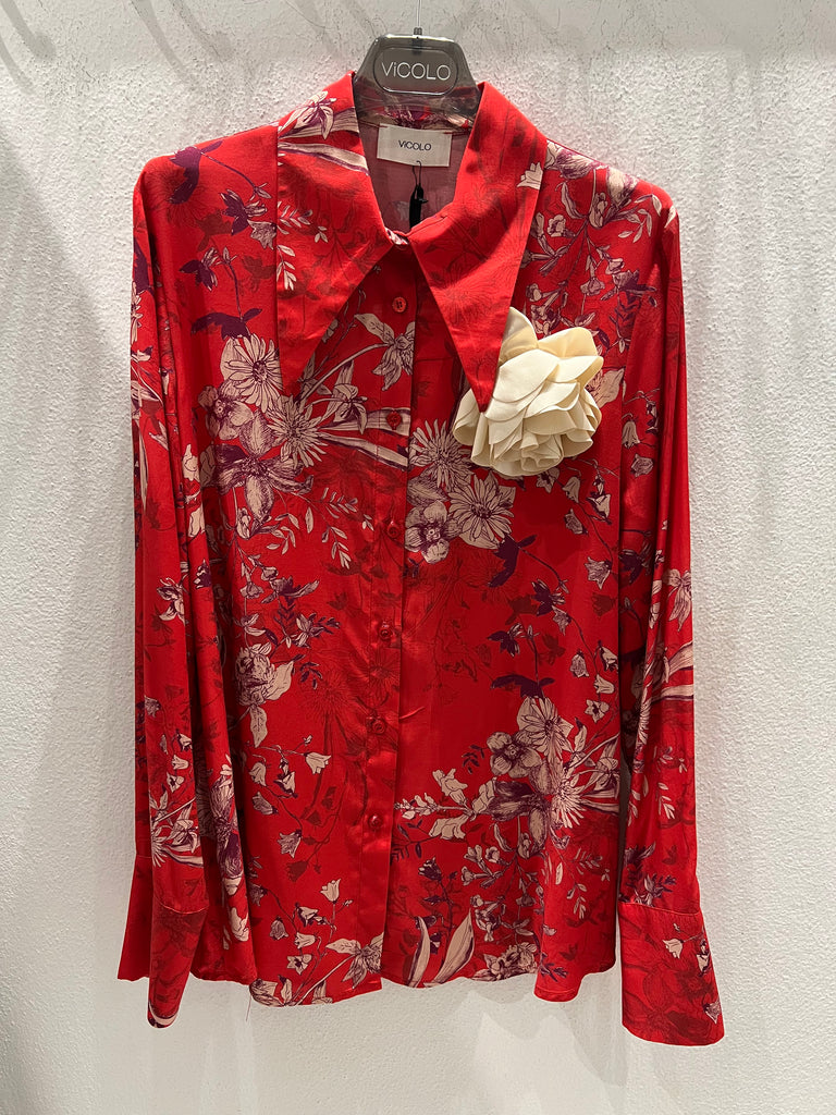 ViCOLO•Camicia stampa floreale base rossa+spilla fiore