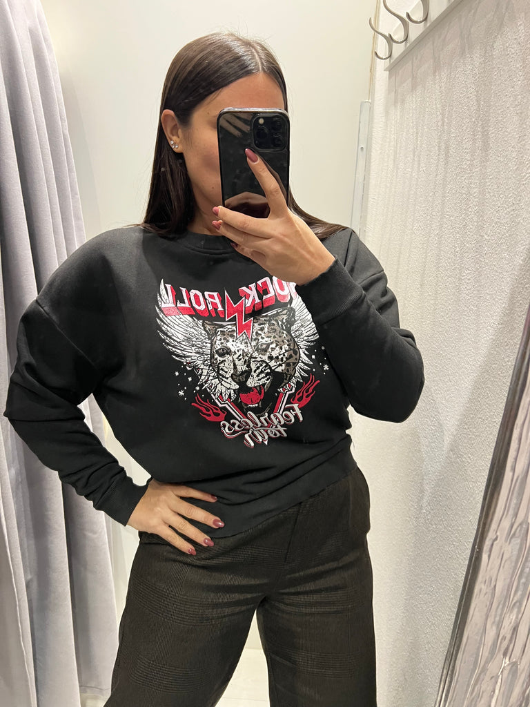 BLK30 HaveOne•Felpa garzata nera stampa leo Rock Roll