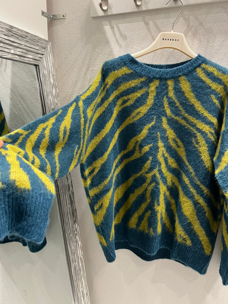 BLK30 HaveOne•Maglione stampa zebrata acido/turchese