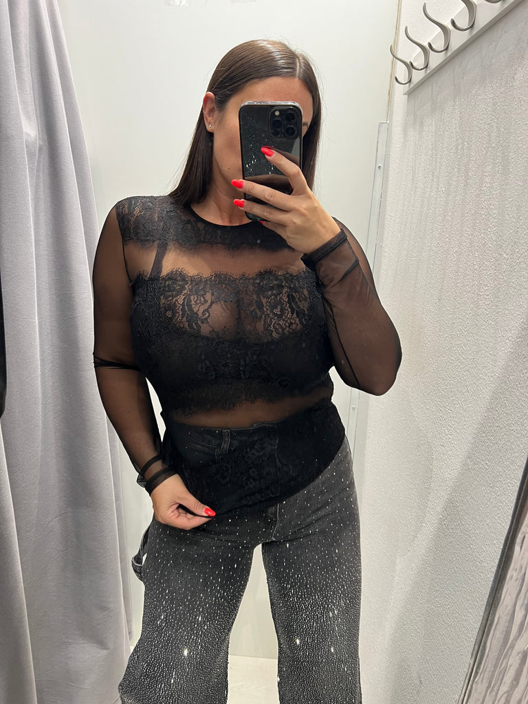 IMPERIAL•Maglia velata in tulle con fasce di pizzo