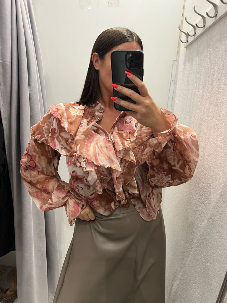 KONTATTO•Camicia rouches fantasia beige/malva