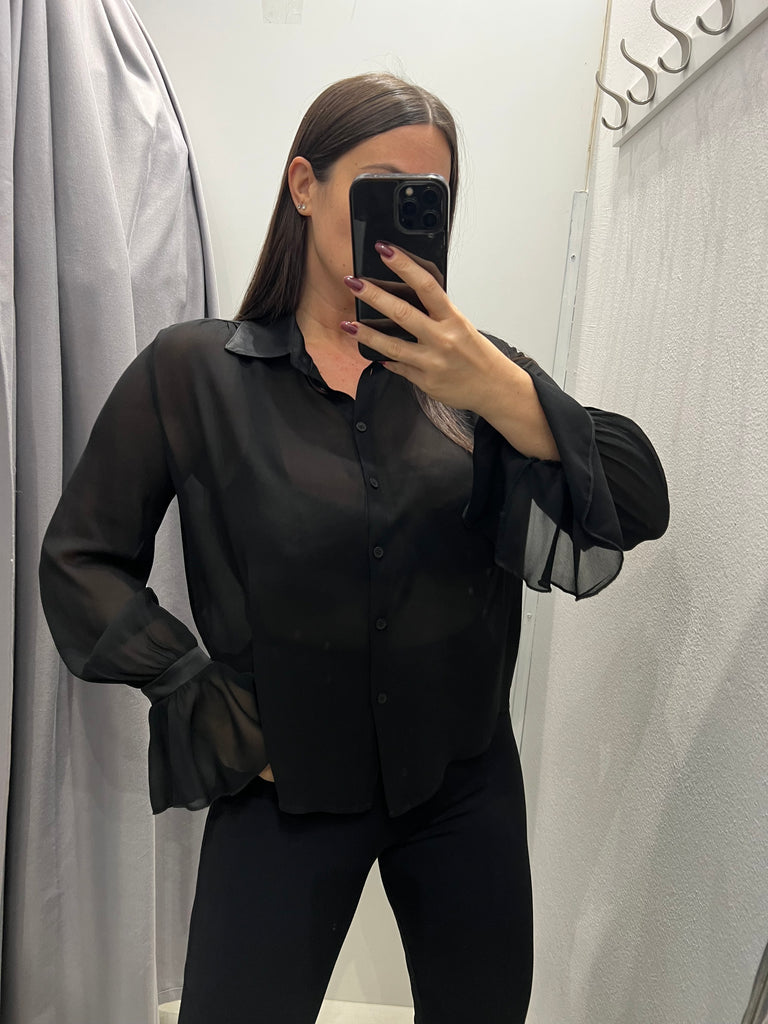 HaveOne•Camicia nera velata dettagli raso