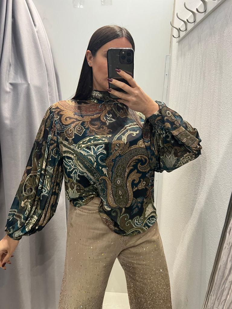 LUMINA•Camicia ampia stampa cashmere verde