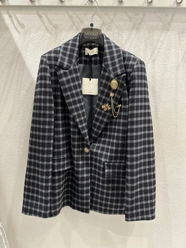 ViCOLO•Giacca con spille check blu riga bordeaux