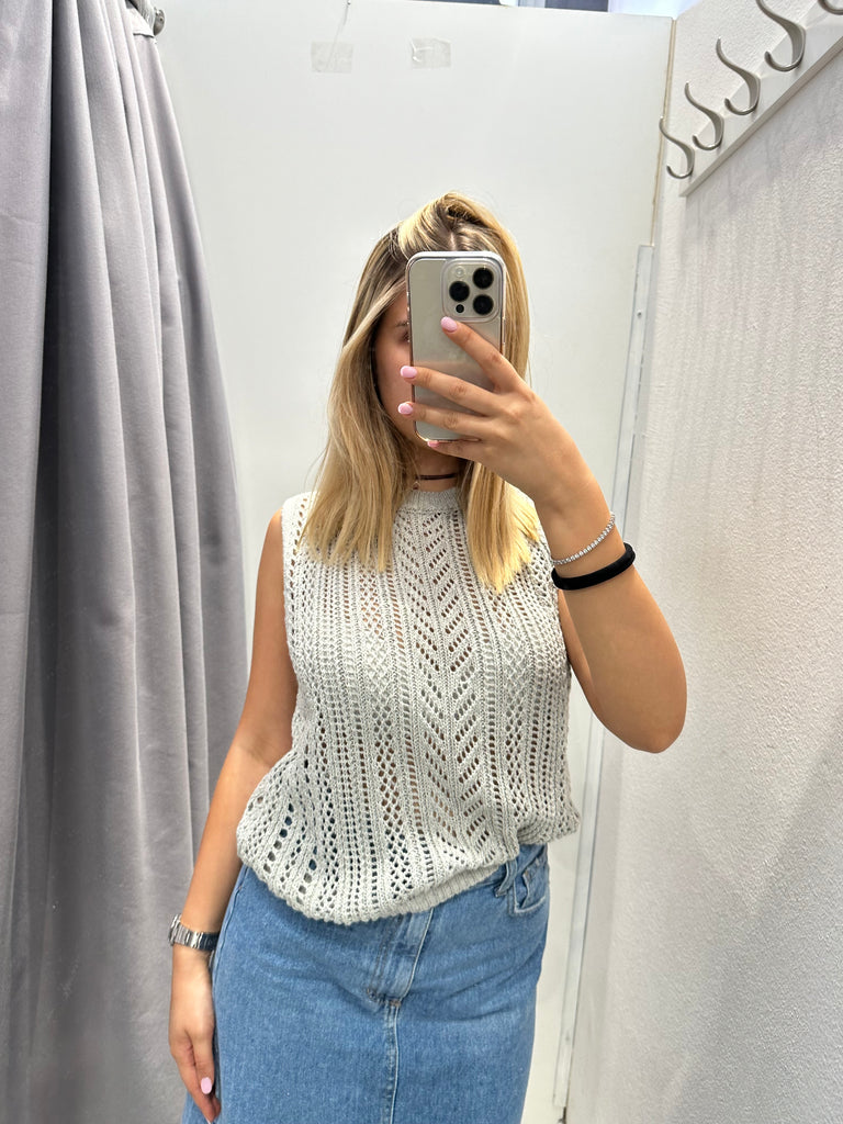 🚨HaveOne•Gilet canotta traforato grigio perla