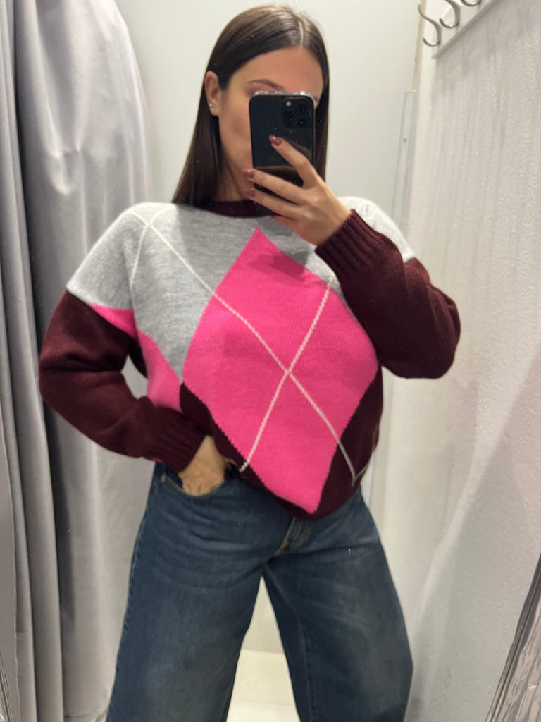 HaveOne•Maglione rombi bordeaux/fuxia fluo/grigio