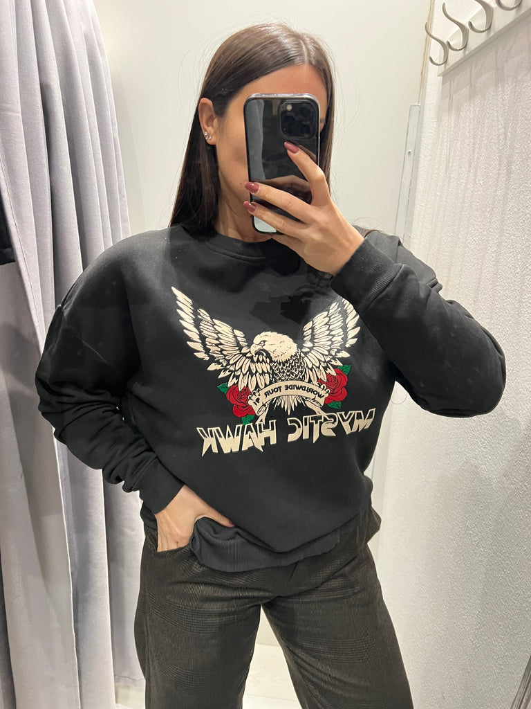 BLK30 HaveOne•Felpa garzata nera stampa aquila Mystic Hawk