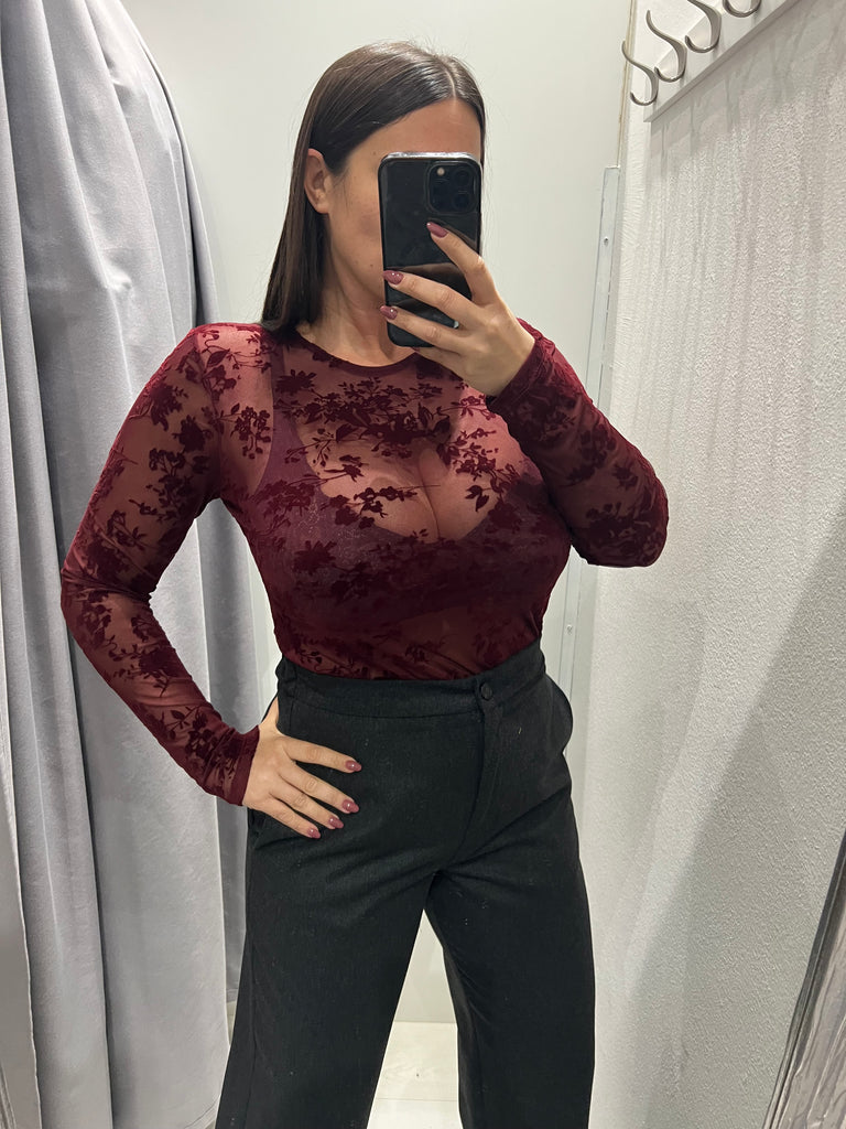 KONTATTO•Maglia tulle velluto Bordeaux