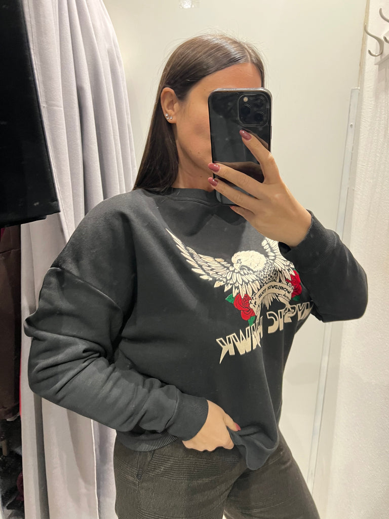 BLK30 HaveOne•Felpa garzata nera stampa aquila Mystic Hawk