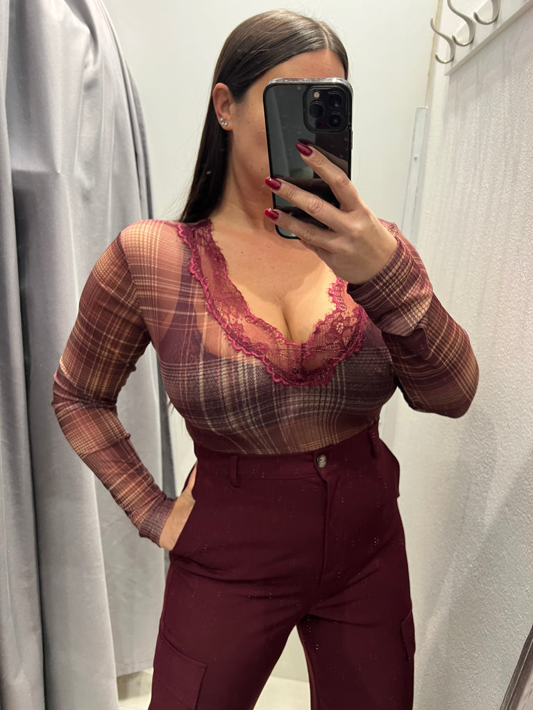 LUMINA•Body scollo v pizzo check bordeaux/zucca/beige