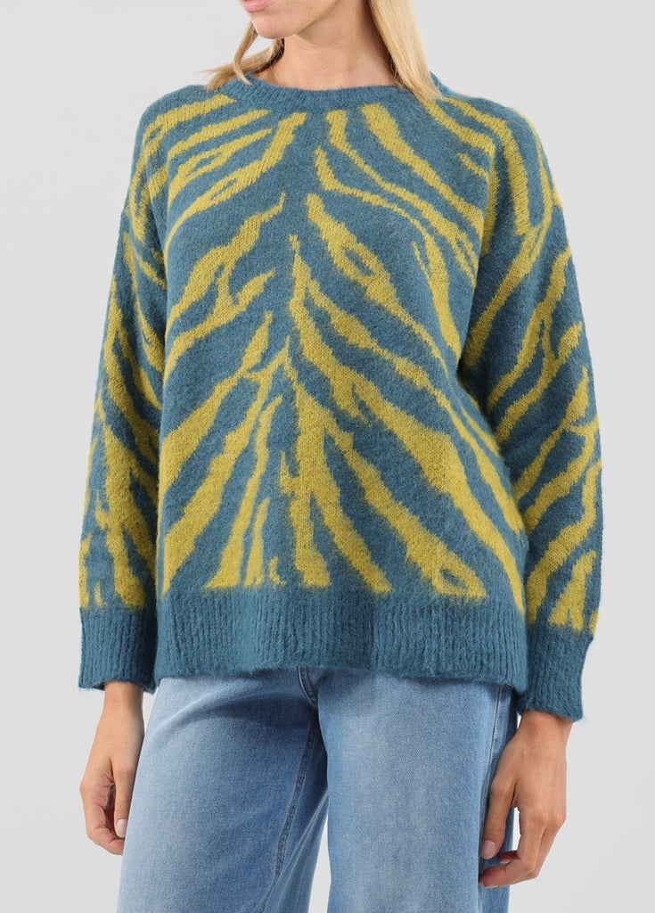 BLK30 HaveOne•Maglione stampa zebrata acido/turchese