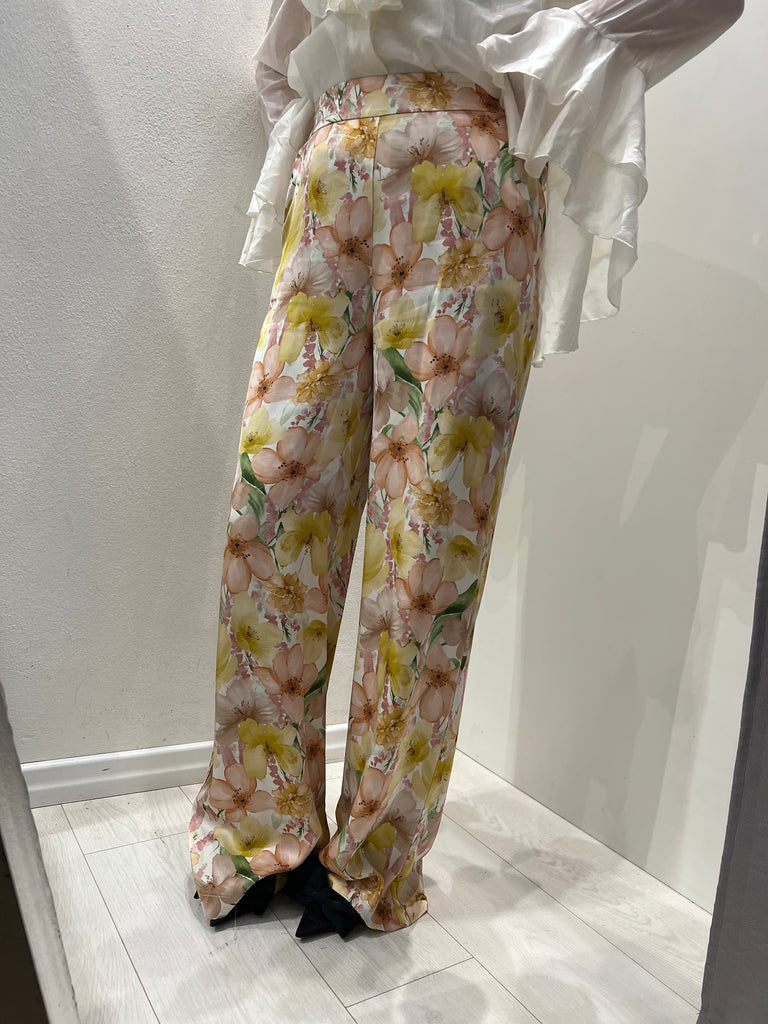 ✅ViCOLO•Pantalone palazzo floreale giallo/pesca elastico