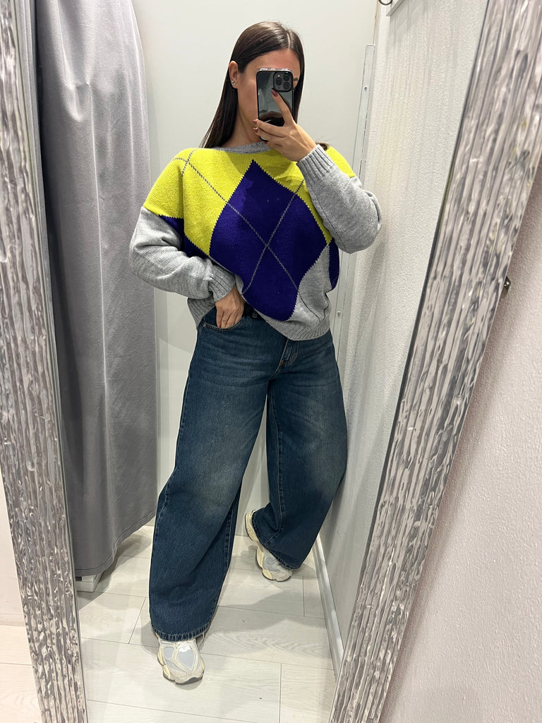 HaveOne•Maglione rombi grigio/viola/lime