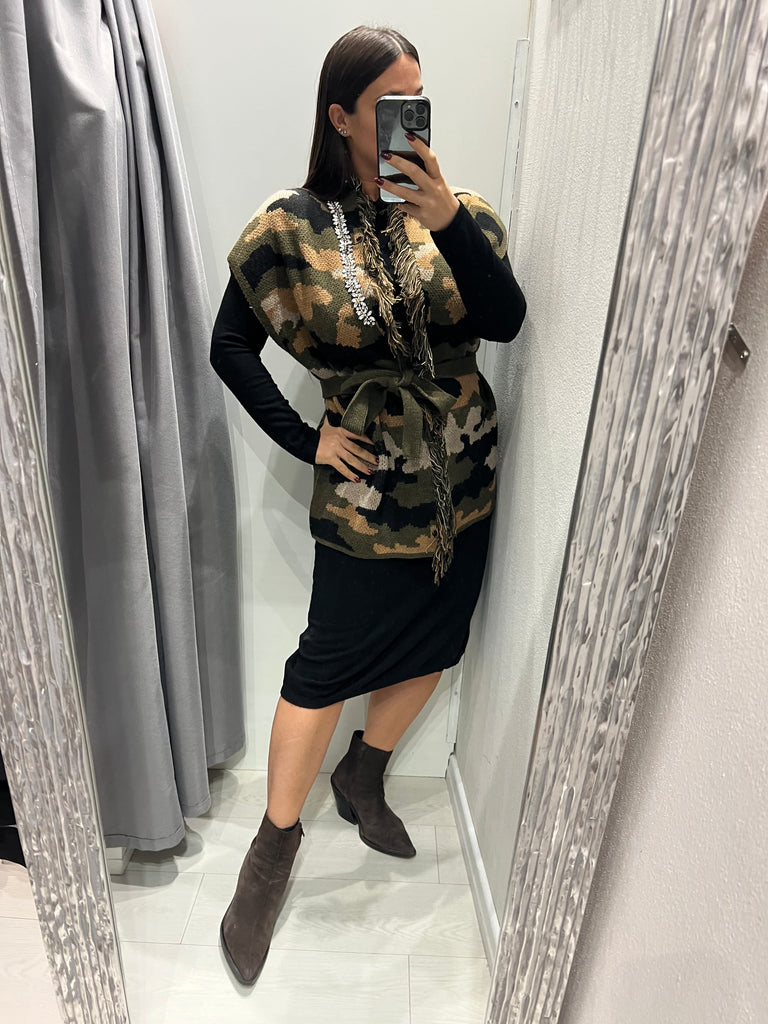 HaveOne•Cardigan smanicato camouflage strass