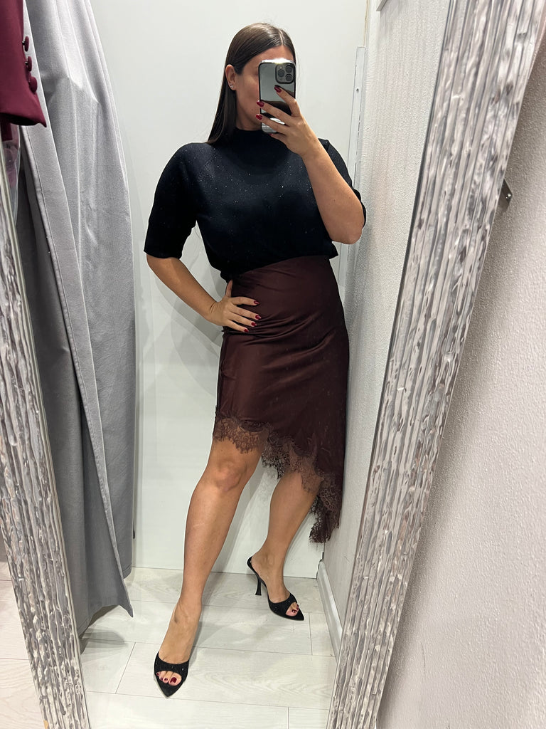 LUMINA•Gonna raso midi asimmetrica con pizzo•Moro