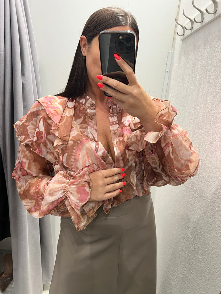 KONTATTO•Camicia rouches fantasia beige/malva