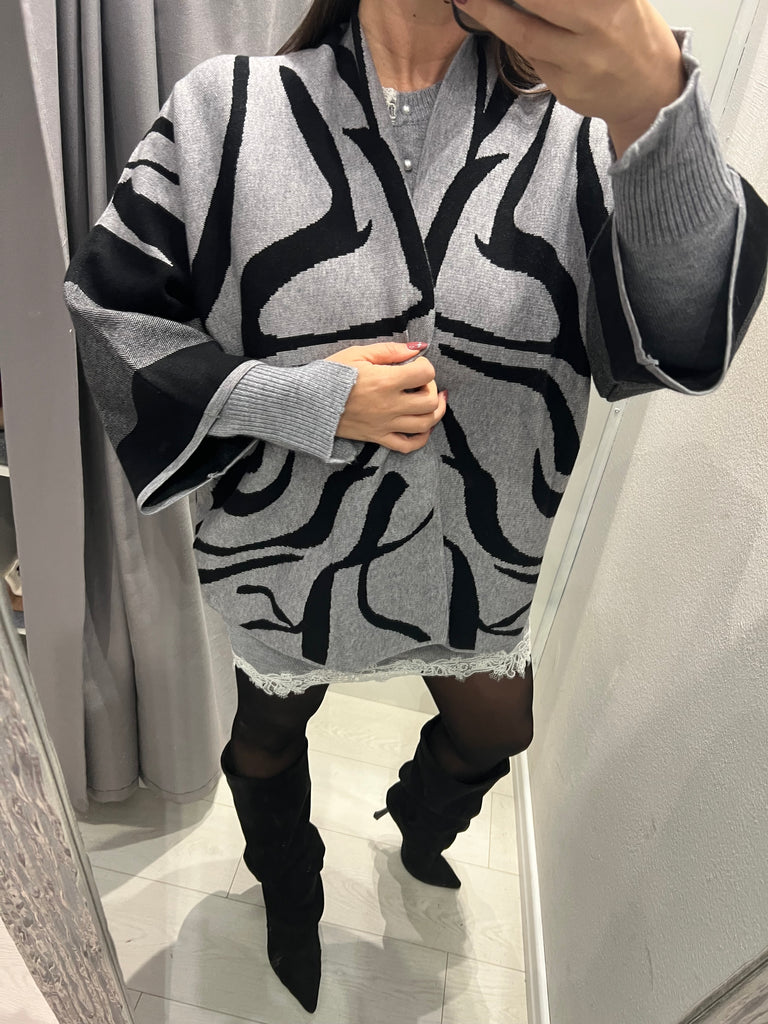 BLK30 Susy Star•Cardigan kimono stampa zebrata grigio/nero