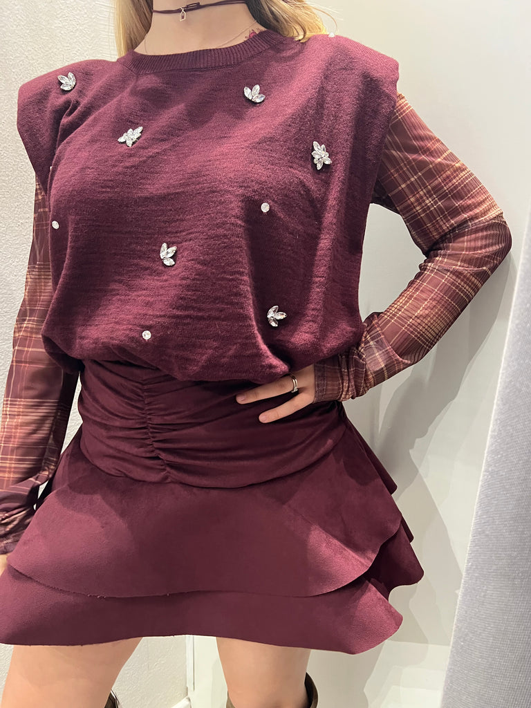 HaveOne•Gilet in maglia bordeaux con strass