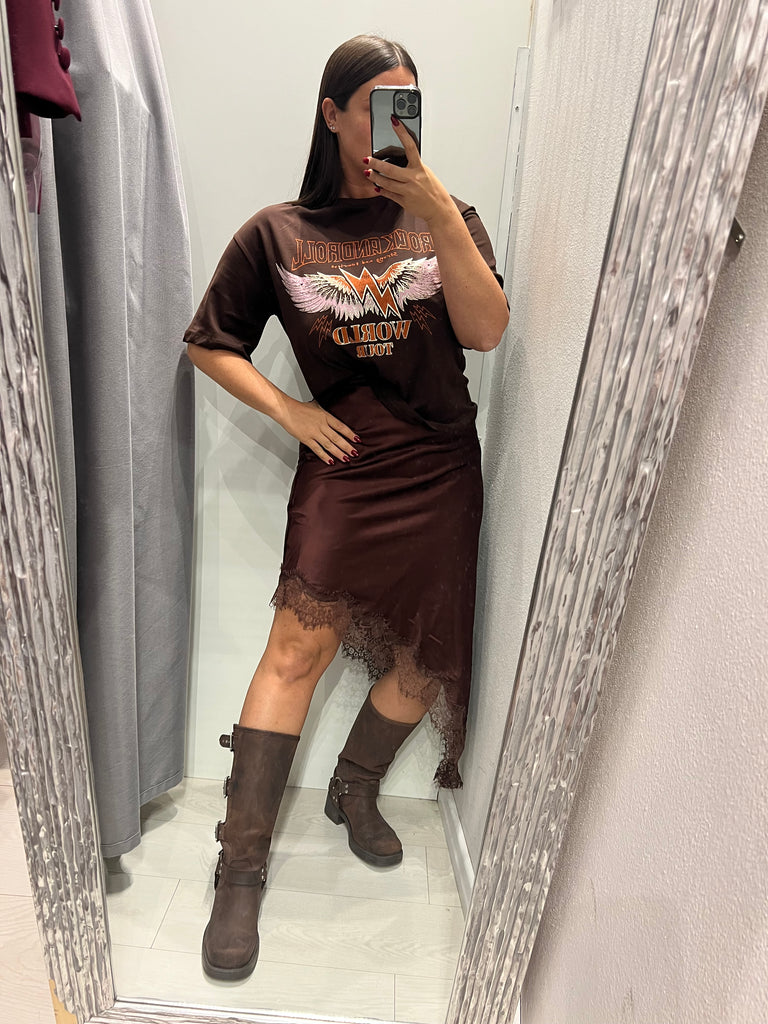 LUMINA•Gonna raso midi asimmetrica con pizzo•Moro