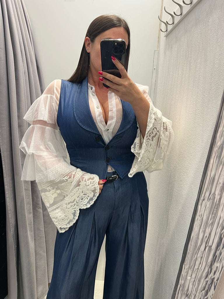 MSS💥IMPERIAL•Pantalone Best palazzo chambray con cinturino