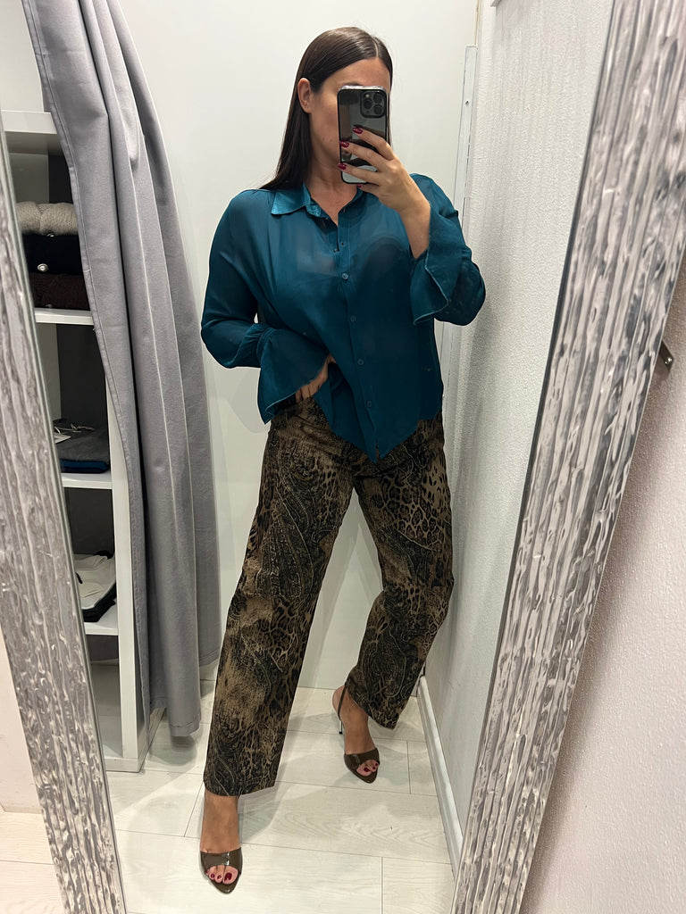 HaveOne•Camicia ottanio velata dettagli raso