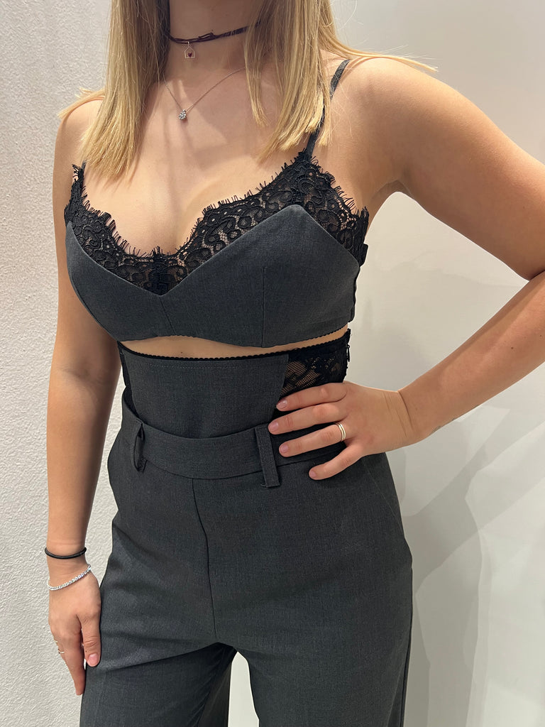 IMPERIAL•Top bralette lingerie grigio pizzo nero Garçon