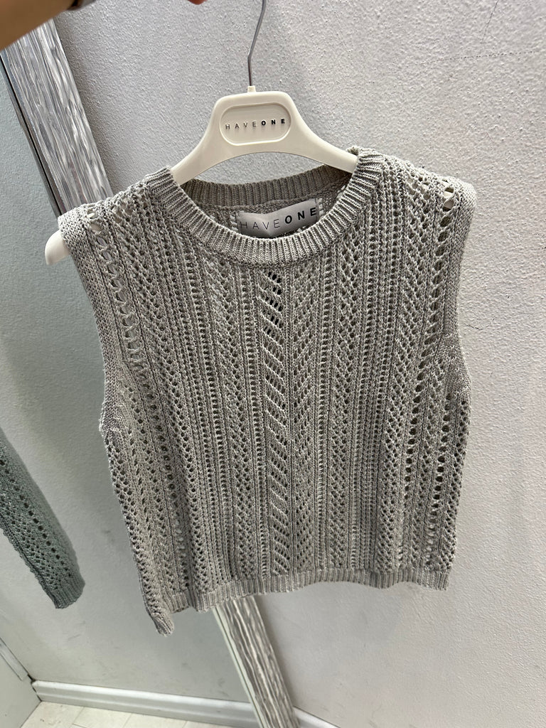 🚨HaveOne•Gilet canotta traforato grigio perla