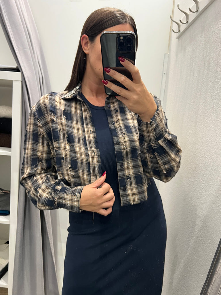 ViCOLO•Camicia crop flanella rotture e strass