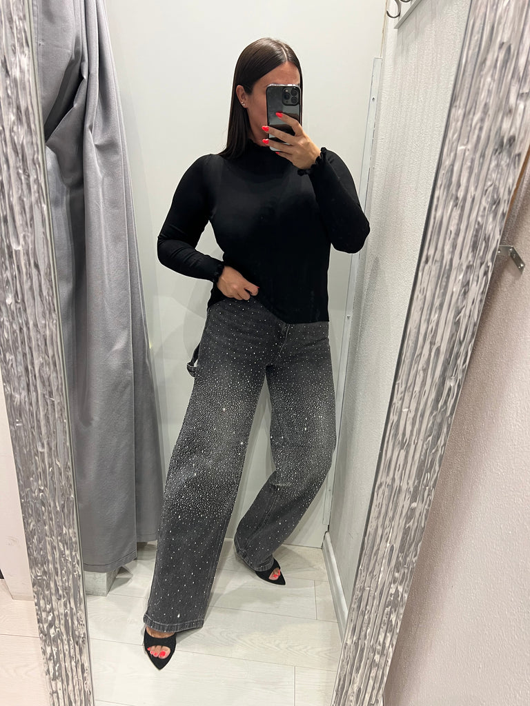 KONTATTO•Jeans worker nero slavato strass