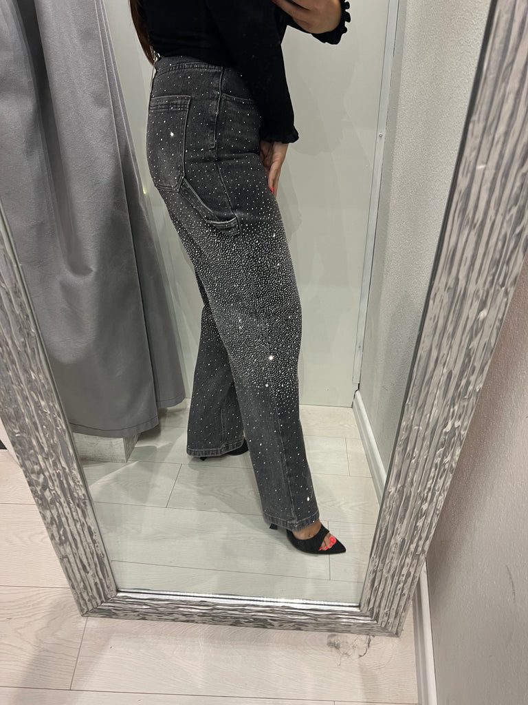 KONTATTO•Jeans worker nero slavato strass