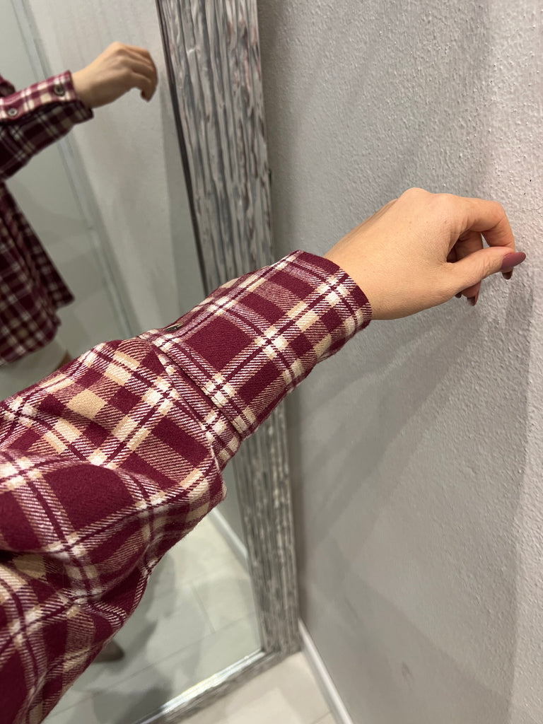 HaveOne•Camicia check in flanella bordeaux cabochon strass