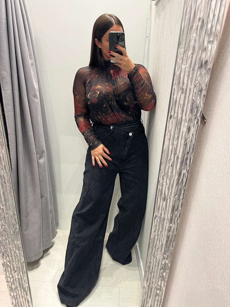 LUMINA•Jeans ampio nero abbottonatura asimmetrica