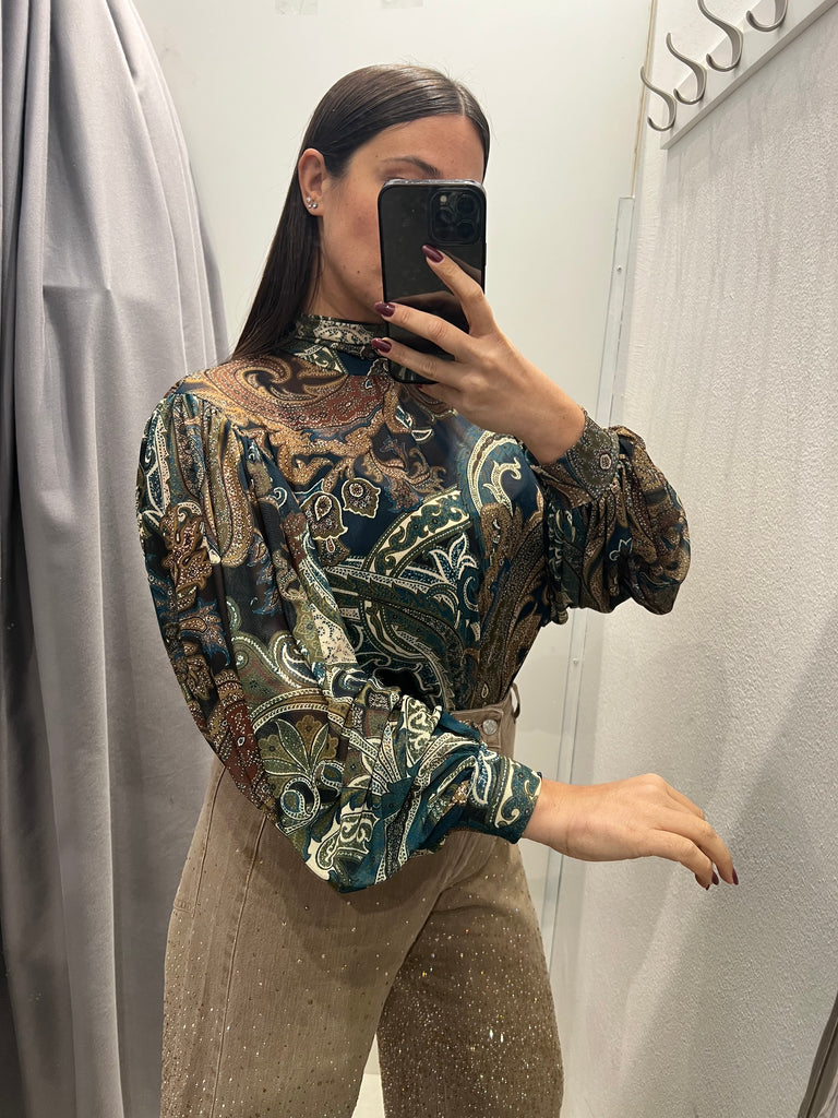 LUMINA•Camicia ampia stampa cashmere verde